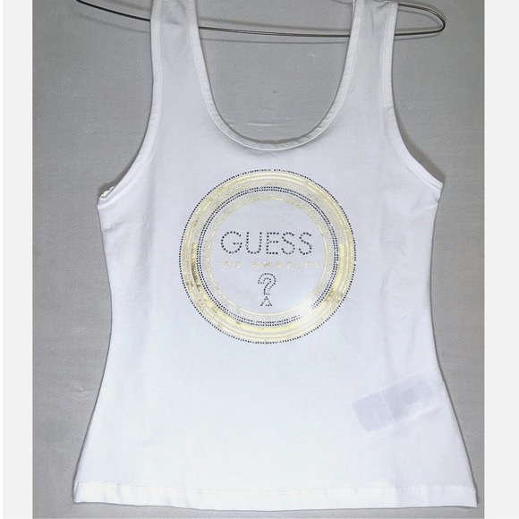 Guess Tops - Guess Los Angeles Off White Rhinestone Logo‎ Tank Top S Y2K-inspired
